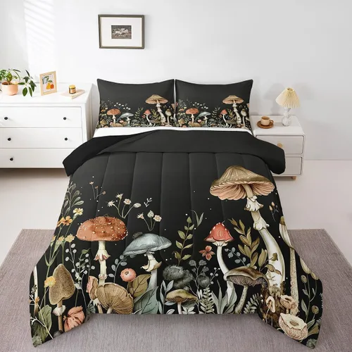 Vista 13 de Feelyou Lindo juego de ropa de cama de hongos kawaii tamaño individual para niños y niñas, decoración de hongos salvajes, juego de edredón