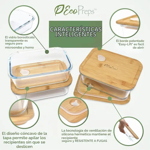 Vista 4 de EcoPreps Recipientes de vidrio para preparar comida con tapas de bambú (paquete de 3) - 100% libres de plástico, contenedores de almuerzo
