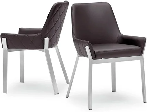 Vista 8 de ZURI Sydney Silla de comedor de cuero sintético marrón con patas de acero inoxidable cepillado