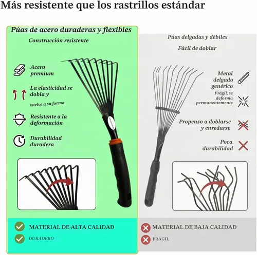 Vista 7 de Paquete de 2 rastrillos de mano pequeños para jardinería, mini rastrillo de hojas y arbustos con púas de acero duraderas, mango ergonómico