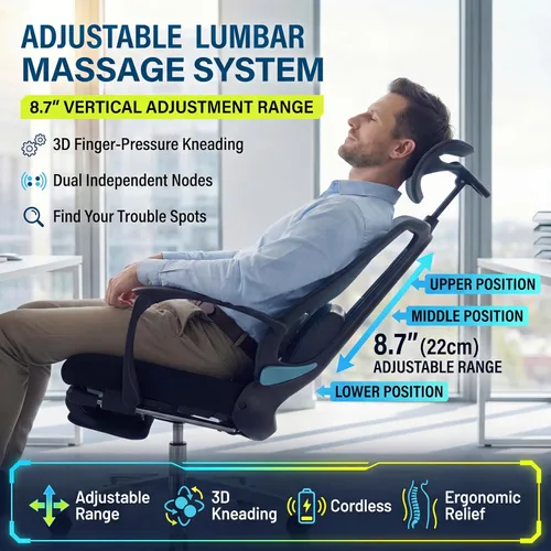 Vista 3 de Silla de oficina ergonómica con reposapiés y masajeador lumbar ajustable, respaldo alto, grande y alto, silla de escritorio con reposacabezas 5D