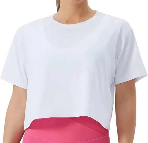 Vista 17 de THE GYM PEOPLE - Camiseta de entrenamiento para mujer, manga corta, básica, recortada, deportiva, de yoga, para correr, estilo boxy Verde militar