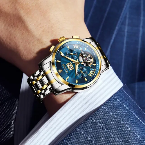 Vista 5 de OLEVS Relojes de cuerda automática para hombre, reloj mecánico automático Tourbillon de acero inoxidable con doble calendario, impermeable, luminoso
