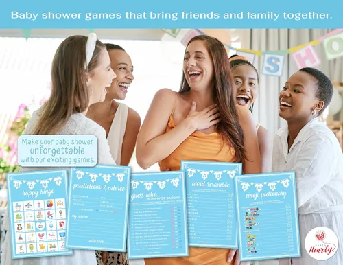 Vista 5 de Party Hearty Juegos de baby shower para niños, 250 tarjetas de actividades de 5 juegos azules, divertidos juegos de baby shower, ideas para baby