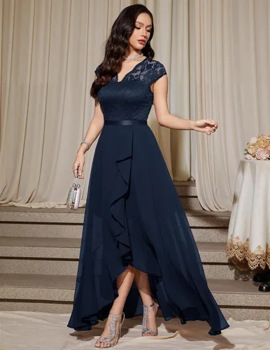 Vista 5 de Bbonlinedress Vestido de cuello en V para mujer con encaje floral alto-bajo, para invitadas de boda, graduación, cóctel, fiesta formal y dama