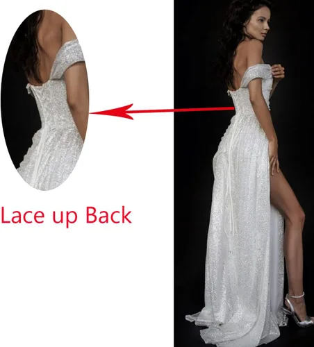 Vista 2 de Vestidos de fiesta de sirena con hombros descubiertos para mujer con abertura 2024, vestidos largos de noche brillantes con purpurina, vestido formal