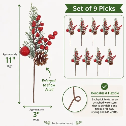 Vista 5 de BANBERRY DESIGNS Púas de Navidad – Plantación de piña con punta de nieve – racimos de bayas rojas y manzanas – Decoración – Artesanía – 9 piezas