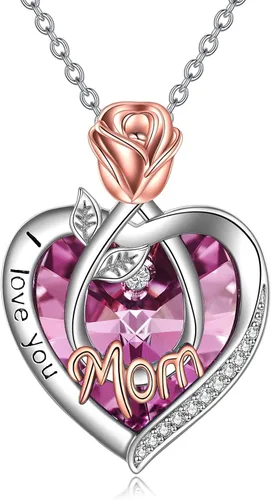 Vista 24 de Joyería de plata esterlina 925 para mujer, collar con pendiente de flor y corazón de cristal, para cumpleaños, regalos para mamá, abuela, esposa 01