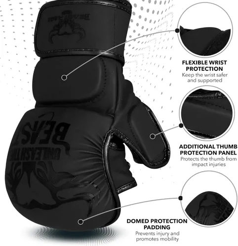 Vista 2 de BEAST RAGE Guantes MMA para Hombres Mujeres, Muñequeras Ajustables de Palma Abierta para Artes Marciales Grappling Sparring para Muay Thai Lucha