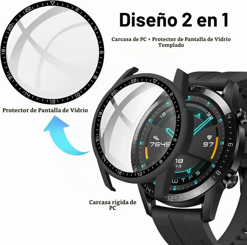 Vista 6 de [Paquete de 2] Funda con protector de pantalla de vidrio templado compatible con Huawei Watch GT2 de 1.812 pulgadas, dureza 9H de 360°, funda