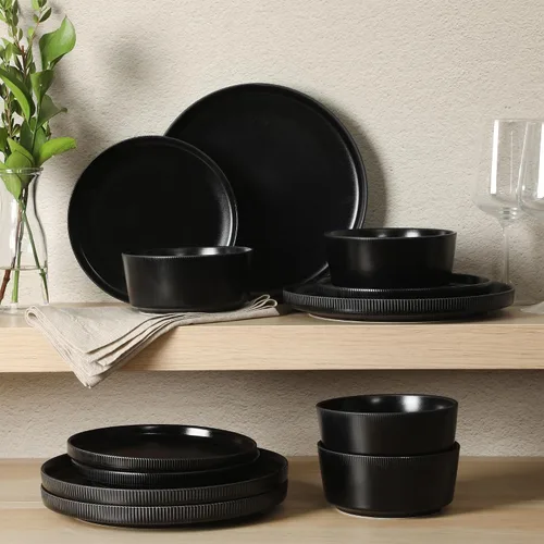 Vista 7 de Gibson Home Dempsey Road - Juego de vajilla de gres de 12 piezas – Servicio para 4, platos y cuencos redondos negros, juego moderno de platos