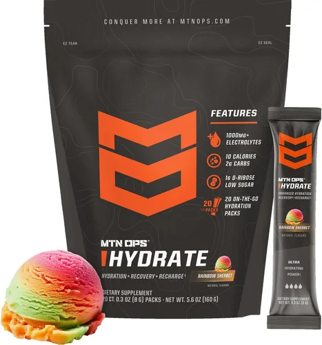 Vista 8 de MTN OPS Hydrate Electrolytes - Mezcla de bebida en polvo, 20 paquetes de electrolitos individuales para llevar con más de 1000 mg de electrolitos