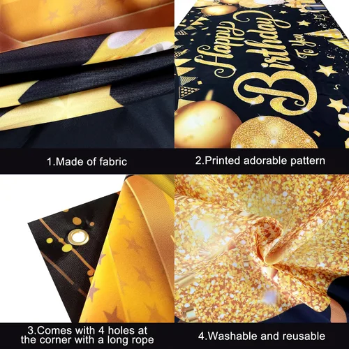 Vista 3 de KatchOn, Cartel de feliz cumpleaños negro y dorado, extragrande, 72 x 44 pulgadas, pancarta de fondo negro y dorado para decoraciones de feliz