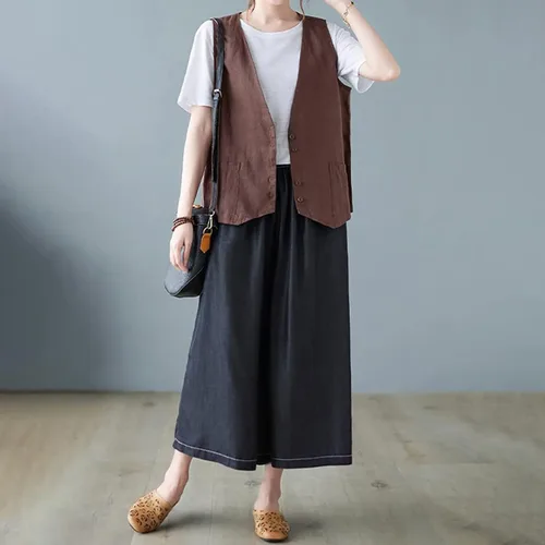 Vista 22 de COTECRAM Chaleco de lino de algodón para mujer, casual, sin mangas, con botones, ligero, para verano, holgado, ropa de abrigo
