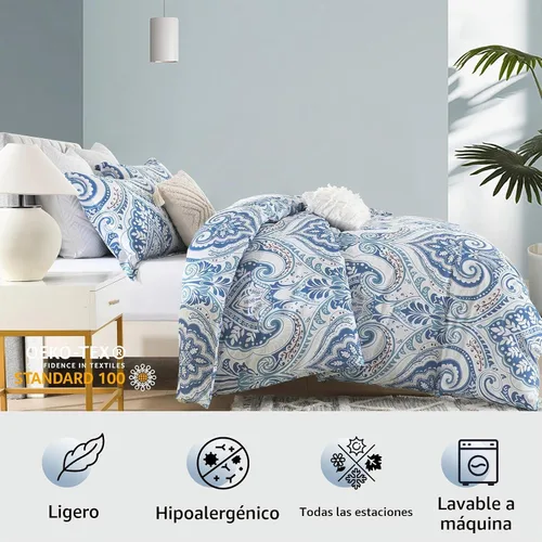 Vista 2 de Bedduvit Juego de funda de edredón 100% algodón, tamaño Queen, damasco azul, con cierre de cremallera y 8 lazos en las esquinas, 3 piezas