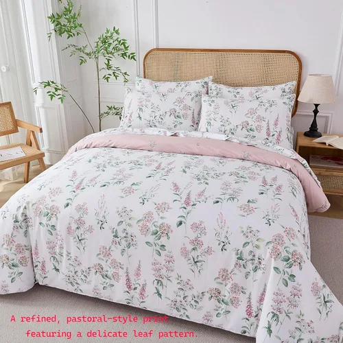 Vista 9 de Helthep Funda de edredón floral tamaño Twin, 100% algodón, con estampado de flores rosas, funda de edredón vintage botánica con hojas verdes, funda