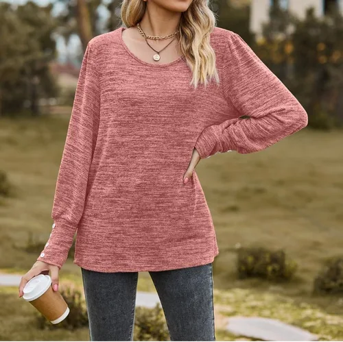 Vista 2 de Camisetas casuales de moda para mujer, con puños con botones, cuello redondo, manga larga, color sólido, camisas elegantes