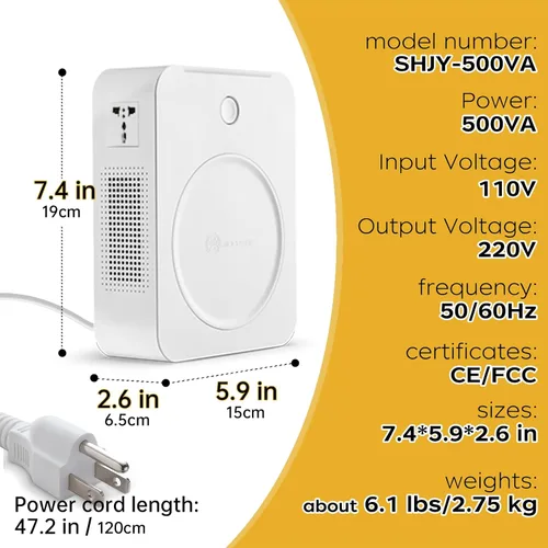 Vista 5 de SUNSHUN Convertidor de 500 W 110 V a 220 V Transformador de voltaje elevador 110 V/120 V a 220 V/240 V con 2 enchufes de salida