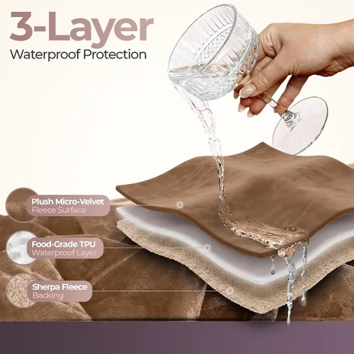 Vista 3 de Sacred Weapon - Manta impermeable para cama – Mini manta Sherpa y forro polar – Manta impermeable para sofá y protector de colchón, absorbente, Beige