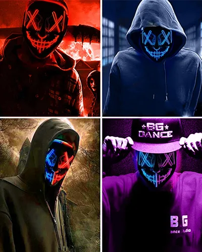 Vista 6 de Paquete de 2 máscaras de Purga de Halloween con luces LED, máscara aterradora para adultos, fiesta de disfraces (azul rojo + azul morado)