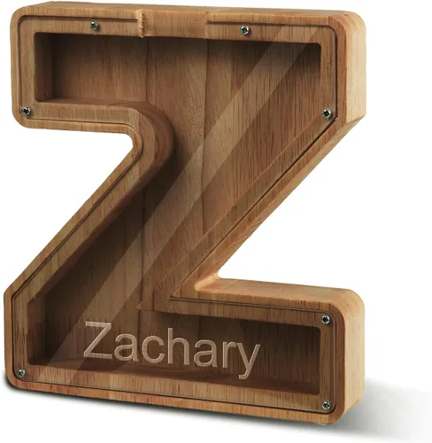 Vista 40 de Alcancía con nombre personalizado, 26 letras láser con texto personalizado, banco de monedas de madera, significado educativo, alcancía con nombre