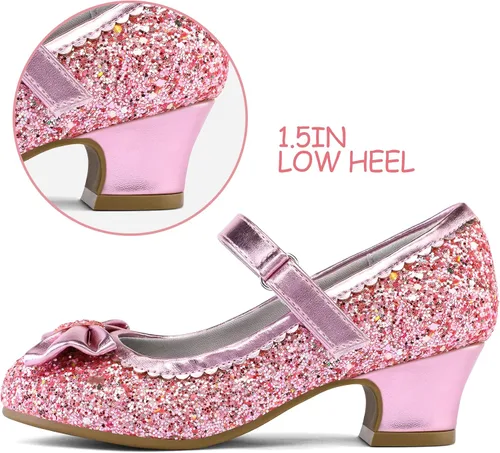 Vista 4 de K KomForme Mary Jane - Zapatos de vestir para niña, con purpurina de 1.5 pulgadas, tacón bajo, para boda, fiesta, princesa, zapatos para niños
