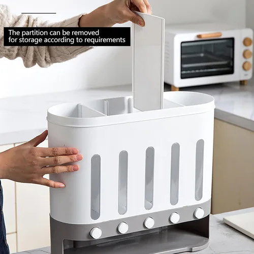 Vista 7 de Dispensador de alimentos secos montado en la pared, dispensador de cereales de 5 rejillas, dispensador de arroz con taza medidora, recipientes