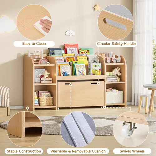 Vista 9 de ONBRILL Estantería para niños con rincón de lectura, organizador de almacenamiento de juguetes de 55.2 pulgadas, 6 cubos de almacenamiento