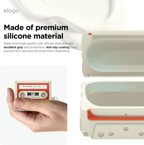 Vista 4 de elago Compatible con Samsung Galaxy Buds 3 Pro y 3 y 3 FE Funda, funda con diseño de cinta de casete con mosquetón, protección completa, accesorios