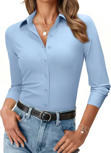 Vista 9 de Camisa con botones para mujer, ajustada, elástica, sin arrugas, para mujer, de manga larga, con cuello, blusa de trabajo para uso casual