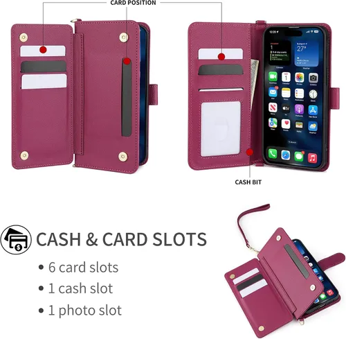 Vista 6 de Funda con tapa compatible con Blu View 1 Correa de muñeca con cordón de cuero sintético + carcasa para billetera doble [6 ranuras para tarjetas]
