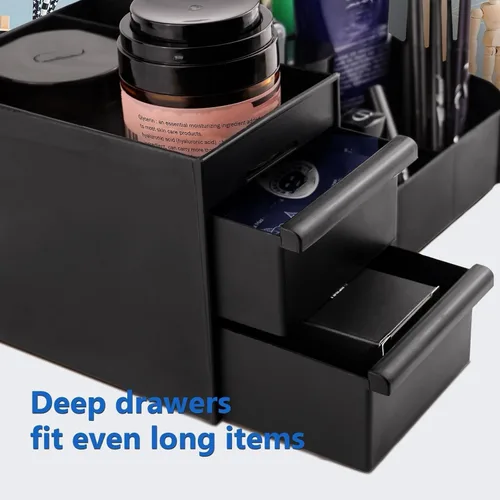 Vista 4 de Organizador de colonia negro para hombres - Organizador grande de mostrador con cajones para colonia, perfume, afeitado y cuidado de la piel
