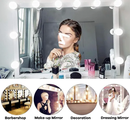 Vista 2 de Luces de espejo regulables, luces LED estilo Hollywood con 10 bombillas, luces de tocador alimentadas por USB para espejo, tocador, dormitorio