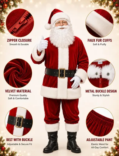 Vista 4 de Potalay Traje de Santa Claus de lujo para hombre, 11 piezas. Disfraz de Papá Noel para adultos