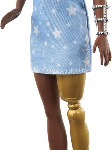 Vista 6 de Barbie Fashionistas - Muñeca #146 con 2 trenzas trenzadas y prótesis de pierna con vestido estampado de estrellas, zapatos blancos y pulsera