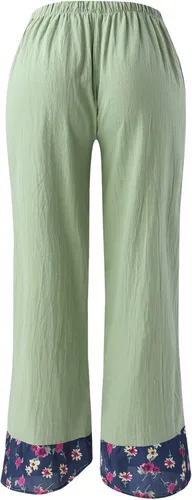 Vista 5 de Casual Pants for Women for Work Summer Wide Leg Pants Irregular Print Splice Loose Cotton Linen Pants with Pockets