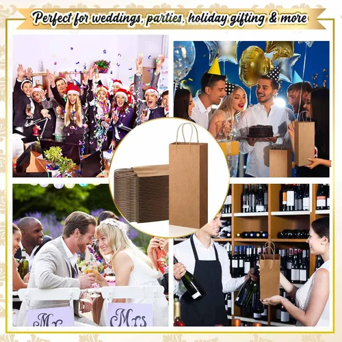 Vista 7 de Handepo 50 bolsas de papel kraft para vino con asas prácticas de 13 x 5.3 x 3.3 pulgadas, bolsas de compras para pequeñas empresas (marrón)