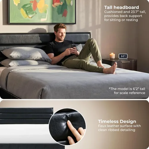 Vista 4 de Click365 Hudson - Base de cama de plataforma tamaño King, cama tapizada de piel sintética negra con cabecera copetuda, soporte de listones de Cuero