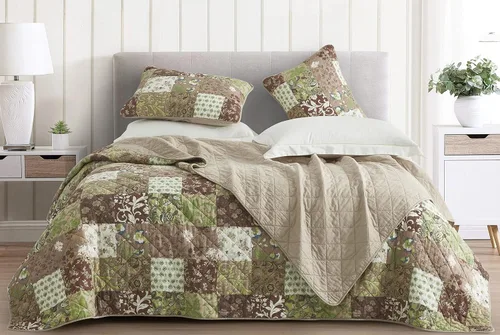 Vista 3 de Chezmoi Collection Leilani - Juego de edredón de algodón lavado bohemio de 3 piezas, tamaño Queen, ropa de cama acolchada bohemia marrón, gris topo