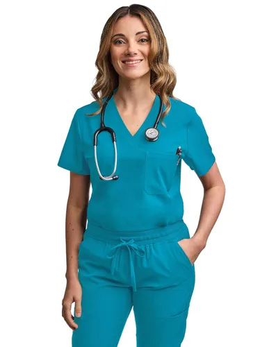 Vista 3 de Green Town Conjunto de ropa quirúrgica para mujer, pantalón deportivo y parte superior con cuello en V, 5 bolsillos, cintura de yoga, uniforme