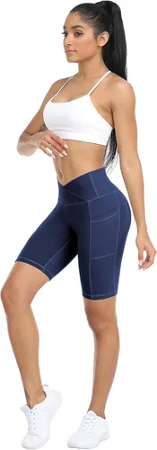 Vista 4 de WHOUARE Paquete de 4 pantalones cortos de yoga con bolsillos para mujer, cintura alta, atléticos, correr, entrenamiento, gimnasio, control de abdomen