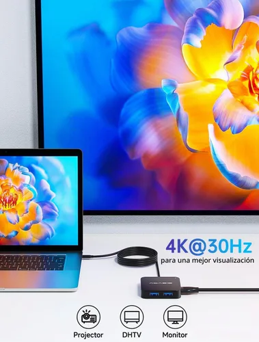 Vista 5 de ACASIS - Adaptador multipuerto USB C de 4 pies de largo 10 Gbps, HDMI 4K 60 Hz Negro