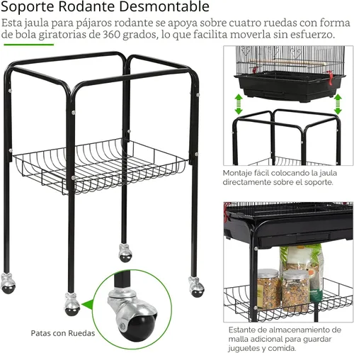Vista 7 de Yaheetech - Jaula para pájaros con tapa abierta, 64 pulgadas, para periquitos y cacatúas, color negro Detachable Rolling Stand, Easy-clean Slide
