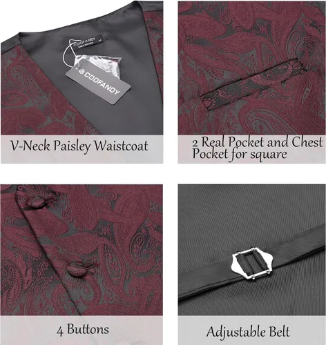 Vista 3 de COOFANDY Conjunto de chaleco de cachemira para hombre 3 piezas chaleco formal chaleco de esmoquin con bolsillo cuadrado