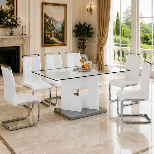 Vista 10 de Ebullient Juego de mesa de comedor de cristal de 63 pulgadas para 6, mesa de comedor de vidrio negro y base de MDF, mesa de cocina rectangular Mesa