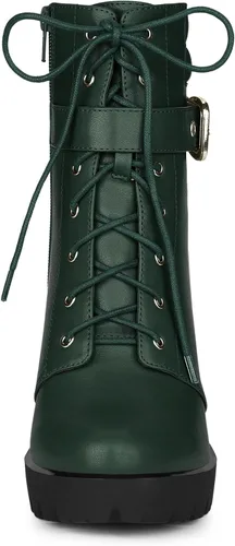 Vista 2 de Allegra K Botines de plataforma para mujer, con cordones, tacón de bloque, botas de combate