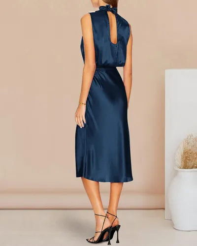 Vista 5 de PRETTYGARDEN Vestido formal de satén sin mangas con cuello alto falso para mujer, cintura elástica, abertura por debajo de la rodilla, vestidos