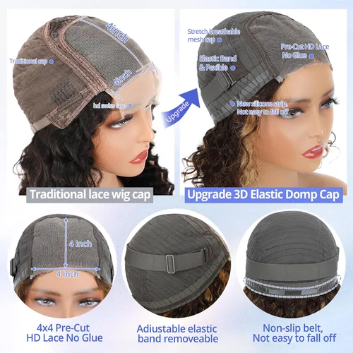 Vista 4 de Pelucas de cabello humano sin pegamento pre arrancadas pre cortadas con reflejos rubios Bob rizado corto con encaje frontal para mujeres negras