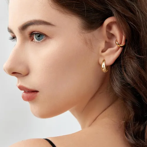 Vista 7 de DALARAN Juego de aretes de aro gruesos y pequeños chapados en oro de 14 quilates, aretes ovalados ovalados gruesos y ligeros para mujeres y hombres