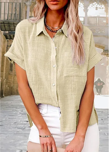 Vista 2 de Mayntop Camisas de lino de algodón para mujer, color sólido, de gran tamaño, cuello abotonado, camiseta holgada